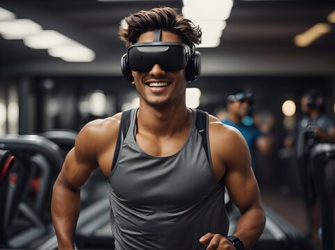 Young man with VR and sportswear while jogging on treadmill with happy expression.