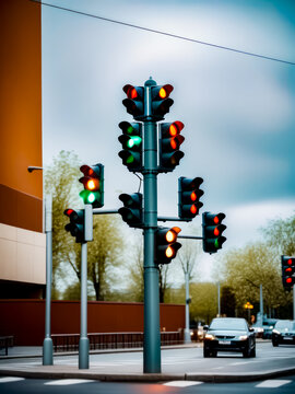 A traffic light is green and red