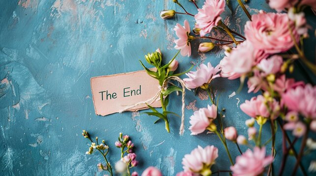 The end text surrounded and background with spring flowers
