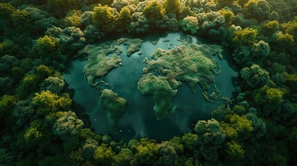 Fototapeta na wymiar Aerial view of map of the lake in the forest at sunset. Environment / Earth Day Concept. Nature background.