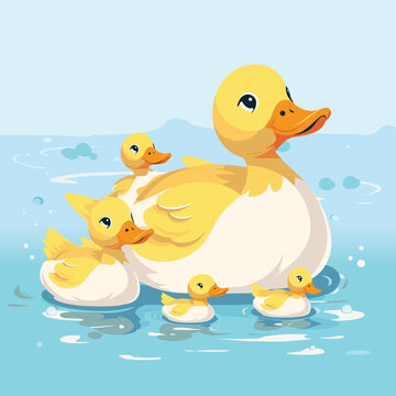Happy family. Duck kids with mother. Reeds in pond. Ducklings group. Vector tidy illustration