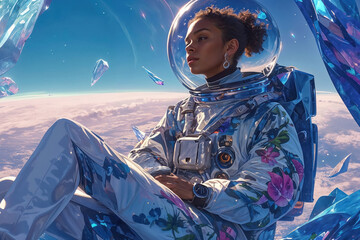 A serene astronaut lounges amidst the glistening crystals hovering above Earth's atmosphere in a moment of tranquil solace - obrazy, fototapety, plakaty