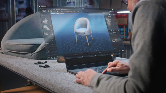 Furniture designer creates digital 3D model of stylish wooden chair, prepares carpentry project on laptop. Holographic virtual display of professional ai software for furniture design and 3D modeling.