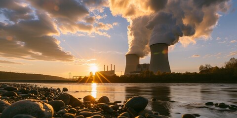 Nuclear power plant near the lake in the late afternoon - obrazy, fototapety, plakaty
