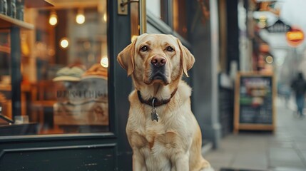 Photo of a Labrador Retriever dog sitting outside the store waiting for the owner