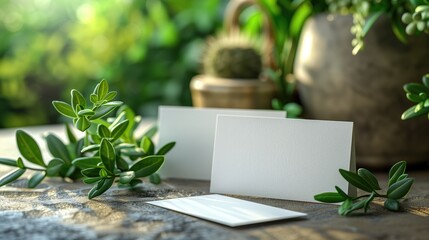 Blank business cards on a wooden table with green plants in the background