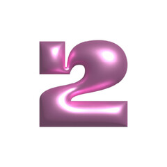 Pink shiny metal reflective number 2 3D illustration