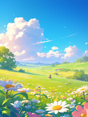 illustration of a cute grassland with many flowers, a blue sky and white clouds.