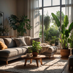 Gemütliches Wohnzimmer im sanften Sonnenlicht mit grünen Pflanzen - obrazy, fototapety, plakaty