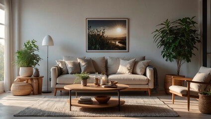 Sonnendurchflutetes Wohnzimmer mit stilvoller und natürlicher Dekoration - obrazy, fototapety, plakaty