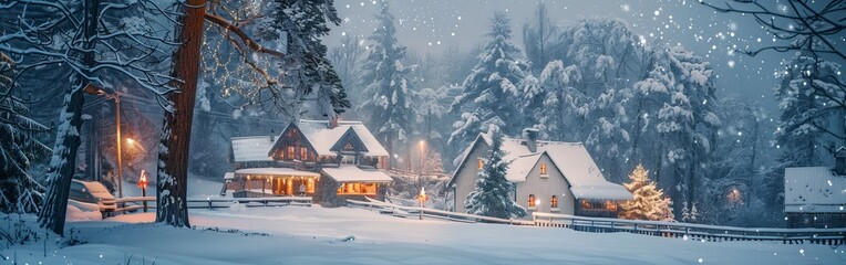 A cabin nestled in a snowy forest, surrounded by tall trees and a white blanket of snow. The scene conveys a sense of winter isolation in the wilderness. - obrazy, fototapety, plakaty