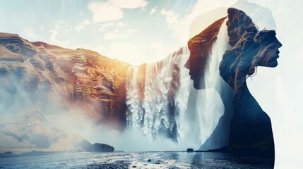 A woman stands facing a majestic waterfall, her figure outlined against the rushing water. She gazes at the powerful cascade, surrounded by the beauty of the natural landscape. - obrazy, fototapety, plakaty