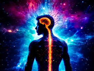A man's brain is glowing in a blue and purple background
