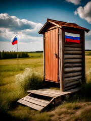 Wooden outhouse in field with flag on top of it.