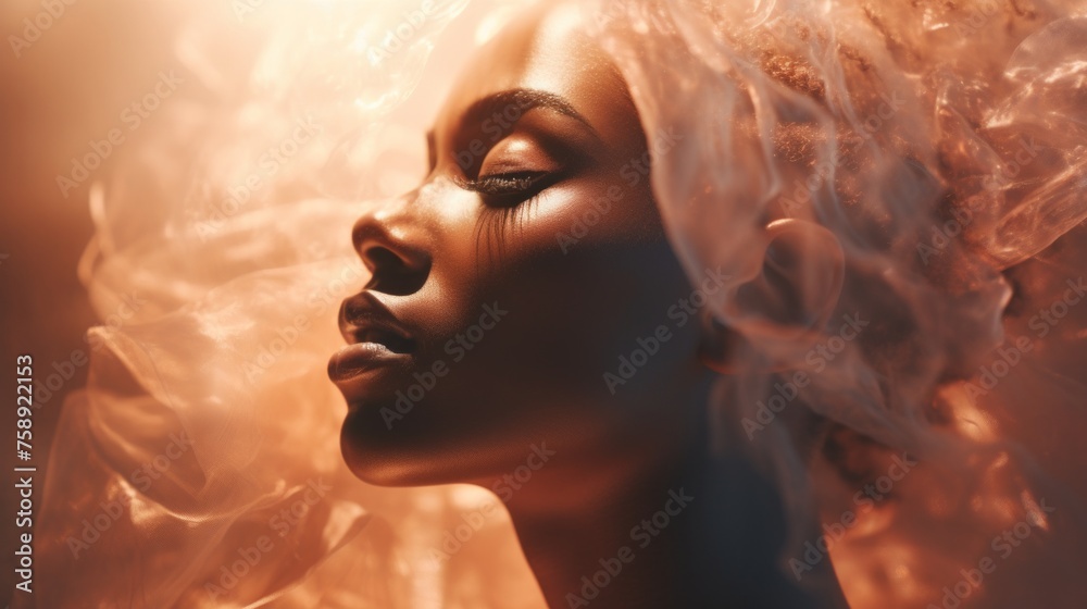 Poster Generative AI Hazy and diffused textures blending together to form an abstract and dreamy scene. Black woman