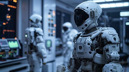 Fototapeta premium Showcase of Advanced Humanoid Robots in an Industrial Setting, Emphasizing the Impact of Automation and Future Technology