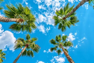 Palm trees on a background of blue sky and white clouds. Tropical background.