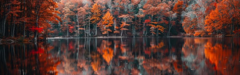A beautiful autumn scene with a lake and trees. The water is calm and the trees are full of red leaves