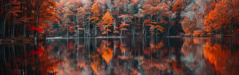 Gordijnen A beautiful autumn scene with a lake and trees. The water is calm and the trees are full of red leaves © vadosloginov