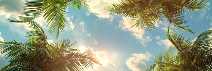 Palm tree leaves against blue sky with white clouds. Wide banner - obrazy, fototapety, plakaty
