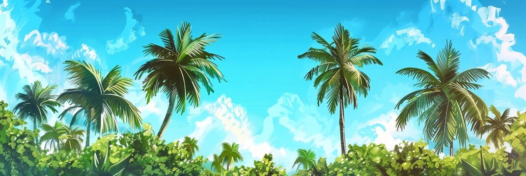 Tropical beach with palm trees and blue sky background. Panoramic banner.