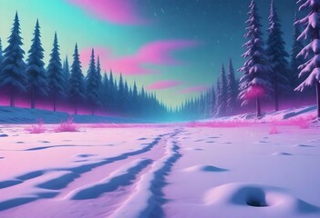 Snow covered landscape with pink grass pine trees and a pink and red sky at twilight