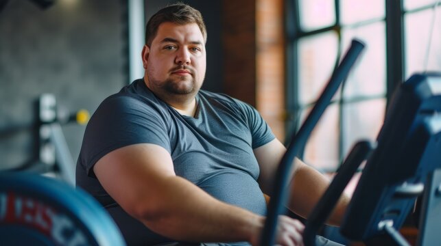 An overweight man in the gym preparing to play sports, the concept of an active life in any age, taking care of the body and building a relationship with weight