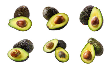 Collection of whole and slices of avocado isolated on a transparent background, PNG