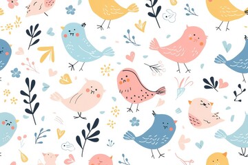 Abstract animal birds seamless pattern banner, wallpaper for kids, bright pastel colors over beige background. Wrapping paper for presents. Baby linen, clothes and products for children