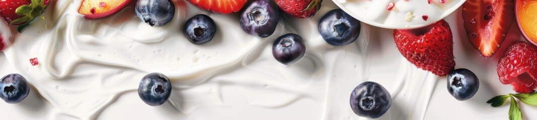 Background with yogurt, strawberries, peaches and blueberries