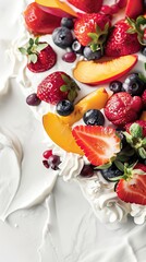 Obraz na płótnie Canvas Background with yogurt, strawberries, peaches and blueberries