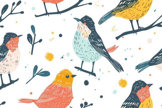 Abstract animal birds seamless pattern banner, wallpaper for kids, bright pastel colors over beige background. Wrapping paper for presents. Baby linen, clothes and products for children