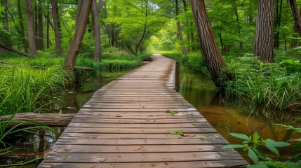 A wooden bridge over the swamp in summer, surrounded by lush greenery and tall trees.