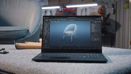 Digital 3D model of stylish wooden chair for carpentry project displayed on laptop computer screen. Professional ai software for furniture design. Carpenter working in the background in modern