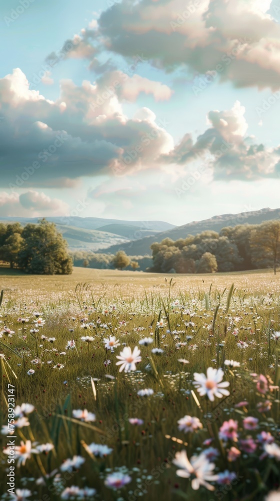 Poster a field of flowers with a cloudy sky in the background