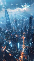 The aerial view shows a sprawling city illuminated by countless lights at night. Skyscrapers,...