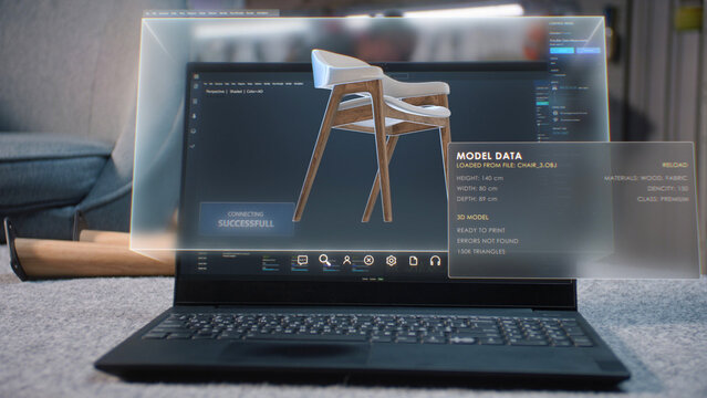 Digital 3D model of stylish wooden chair for carpentry project displayed on laptop computer screen. Holographic virtual display of professional ai software for furniture design creation and 3D