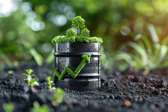 Black barrel of oil on the dirt floor with plants and green arrow going up