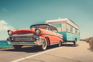 Low angle view of vintage car pulling camper trailer at the seaside road. - obrazy, fototapety, plakaty