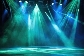 Modern dance stage lighting background with spotlights illuminating the stage. stage light show Empty stage with cool blue and green stage lights. Entertainment programs by AI generated image