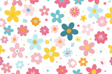Abstract flowers seamless pattern banner, wallpaper for kids, bright pastel colors over beige white background. Wrapping paper for presents. Baby linen, clothes and products for children