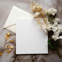 Invitation card,  paper with flowers on wooden background