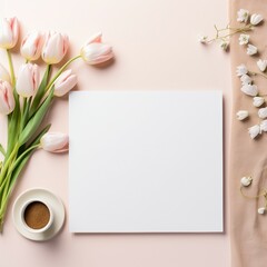 Invitation card,  bouquet of tulips and a card