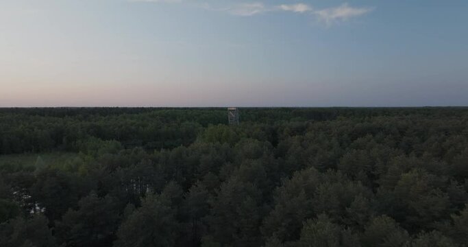 Aerial view of the beautiful nature reserve Sahara Lommel with serene sunset over the tranquil pond, Lommel, Belgium.