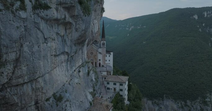 Aerial view of Madonna della Corona church on a vertical cliff, Spiazzi, Veneto, Italy.