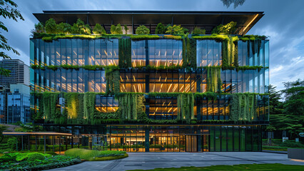 Modern Cityscape: Eco-Friendly Building Stands as a Beacon of Sustainability Amidst Glass Office Buildings, Adorned with Lush Greenery - obrazy, fototapety, plakaty