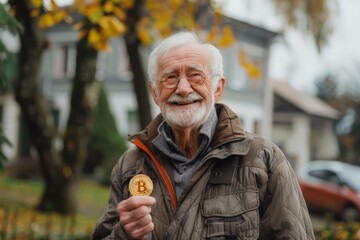Smiling elderly man holding a Bitcoin token outdoors