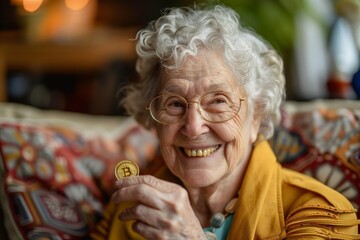 Elderly woman smiling and holding a Bitcoin token in a living room