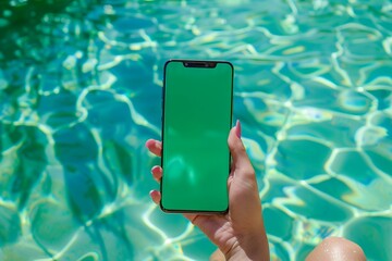 Smartphone with Green Screen Above Pool Water