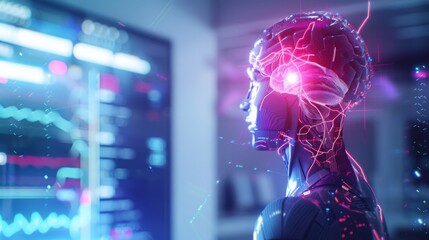 Futuristic biomedical concept of a doctor using advance holographic scanning a patient's brain neuron pathology and diagnostic scan  - obrazy, fototapety, plakaty